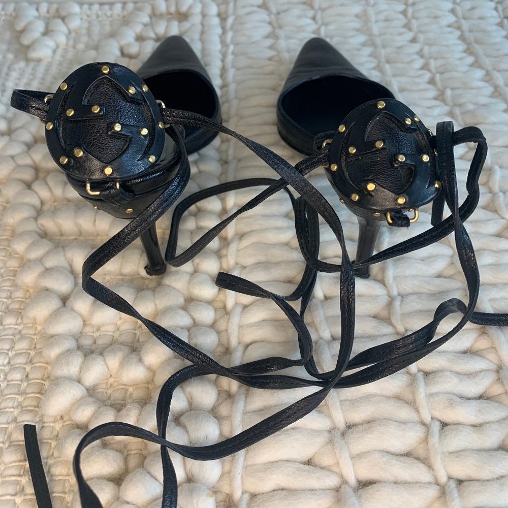 Gucci Heels Ankle Tie Strap Black Leather GG Sz 34 - Picture 3 of 4